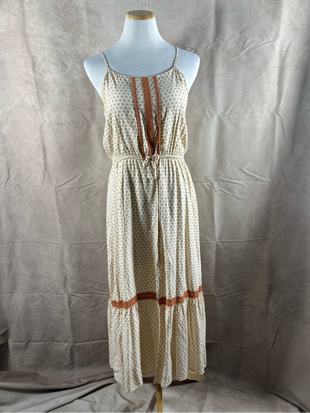 656-art class Cream Maxi Jumpsuit with Rust Trim